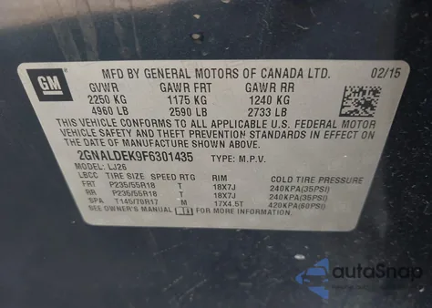 2015 Chevrolet Equinox Ltz из США, поврежденный, VIN 2GNALDEK9F6301435